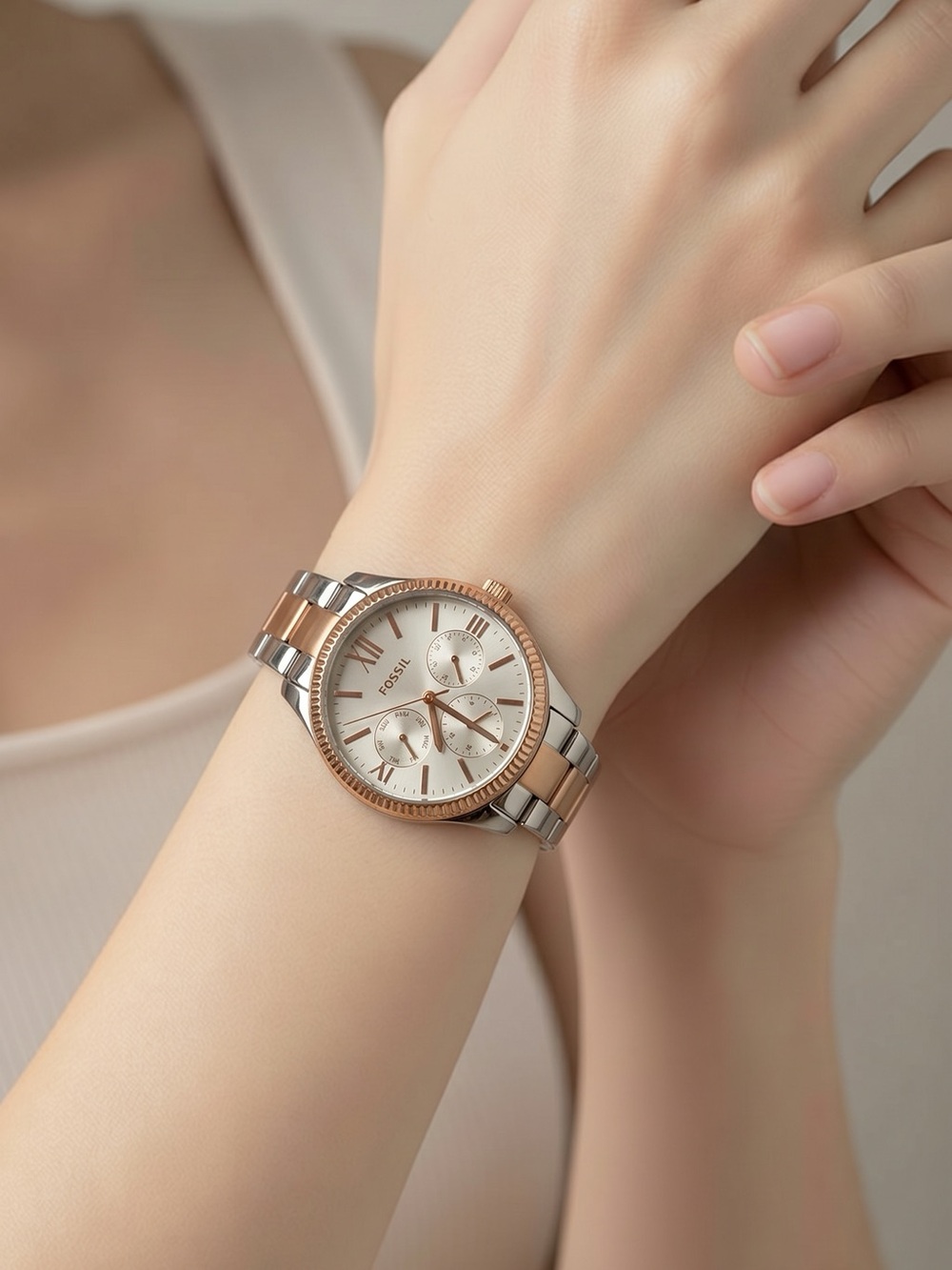 Fossil Two-Tone Rose Gold and Silver Women's Chronograph Bracelet Watch
